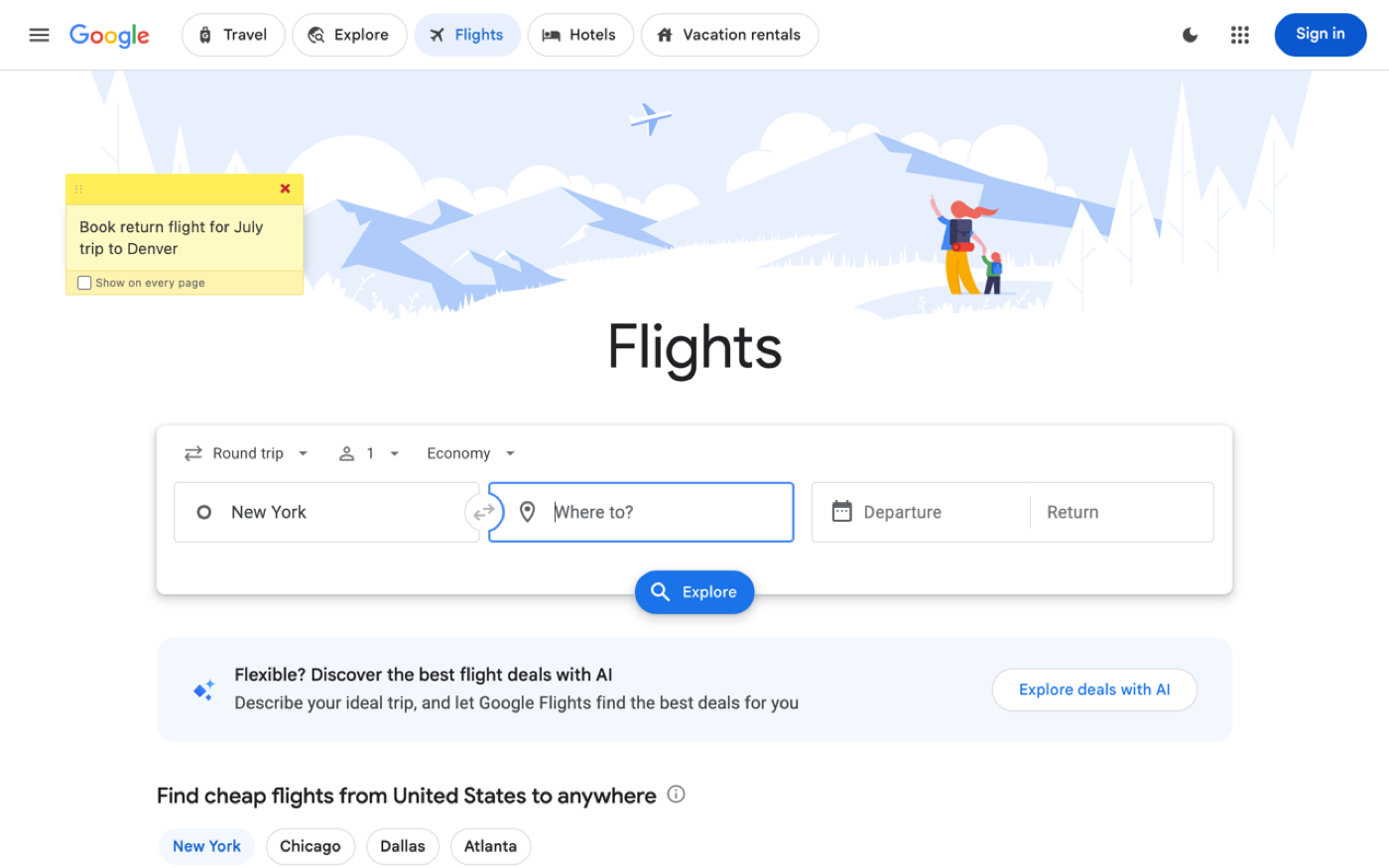 A sticky note reading 'Book return flight for July trip to Denver' pinned on Google Flights