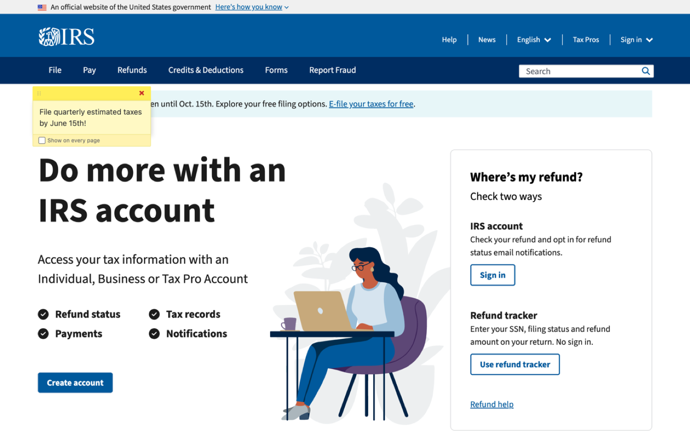 A sticky note reading 'File quarterly estimated taxes by June 15th!' pinned on the IRS website
