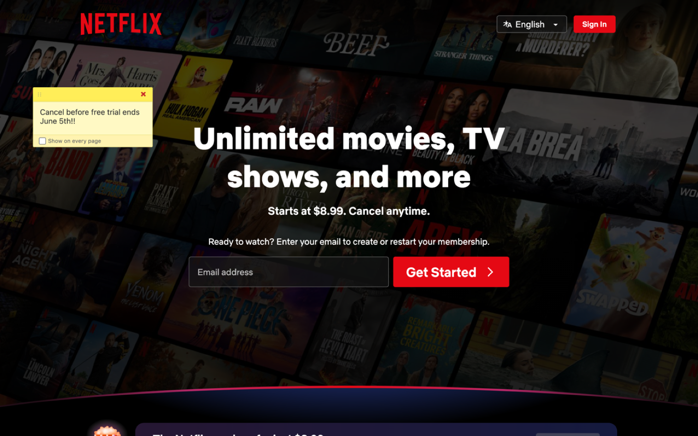 A yellow sticky note reading 'Cancel before free trial ends June 5th!!' pinned on the Netflix homepage